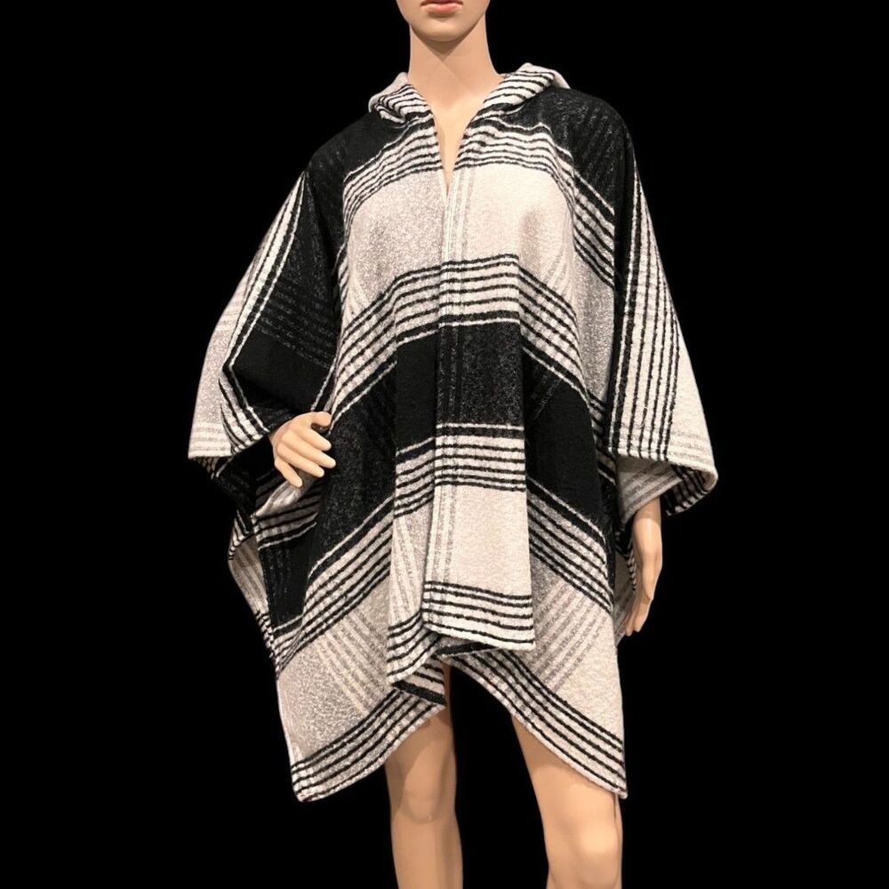 EXPRESS Cream Black & Gray Plaid Wrap Poncho Shawl Sweater Hooded O/S